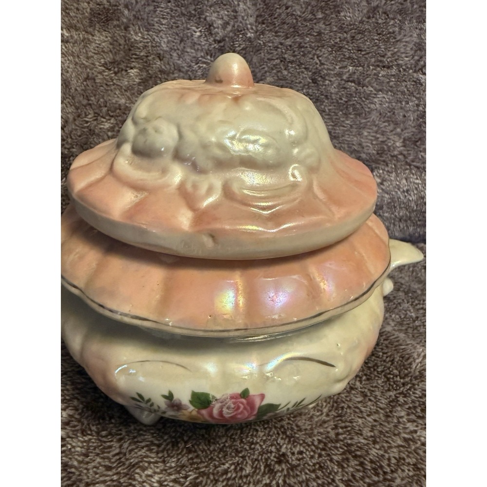 PINK Lusterware Footed Tureen Serving Bowl w/ Handles  Lid in Pearl White